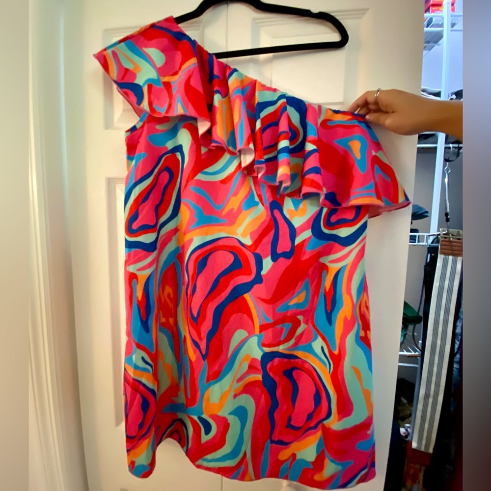 One shoulder neon ruffle dress 80s style